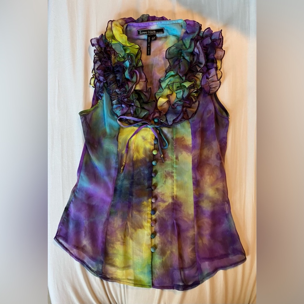 Love Stitch Ruffle Sheer Tie Dye Sleevelesss Blouse